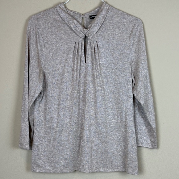 Karl Lagerfeld Paris Gold Shimmer Pleated Front/Keyhole Knit 3/4 Sleeve Pullover - Picture 1 of 10